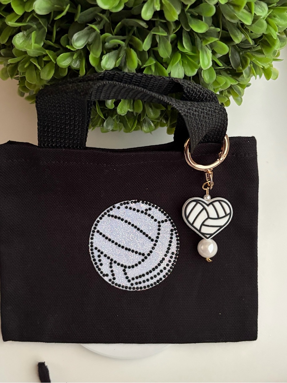 Black Mini Tote Bag with Rhinestone Volleyball Accent